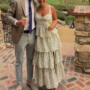 Astr Floral Tiered Midi Dress in Cream and Blue